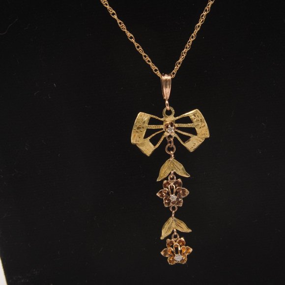 14k / 10k Yellow Gold Lavaliere Style Antique Diamond Necklace